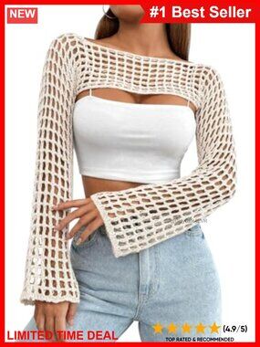 Womens Crochet Shrug Long Sleeve Hollow Out Bolero Cropped Knit Sweater Top